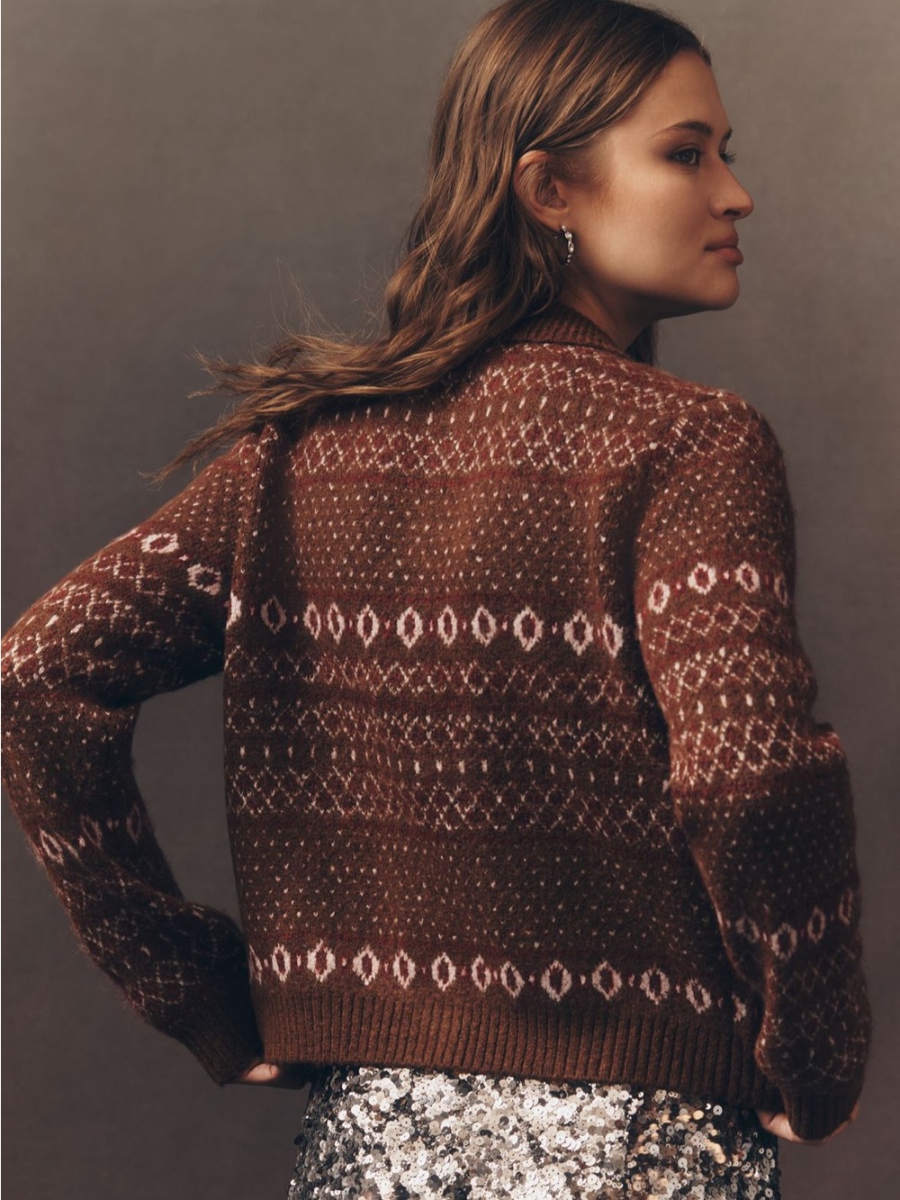 Anthropology Design History Brown Knit Cardigan with Cream Pattern - Picture 4 of 10